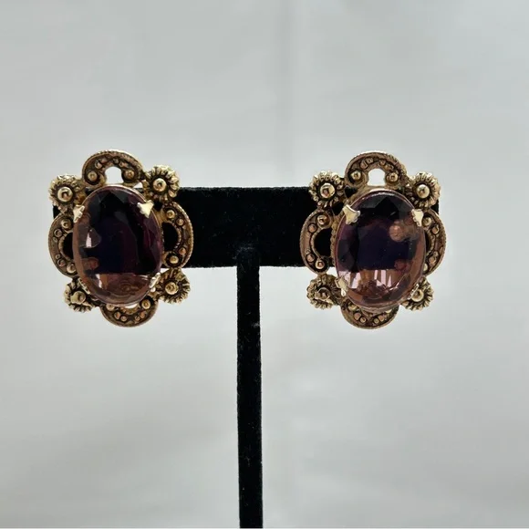 Marino, Vintage Gold And Purple Glass Cabochon Earrings, Clips, Marino 1932-1978 - Picture 7 of 8